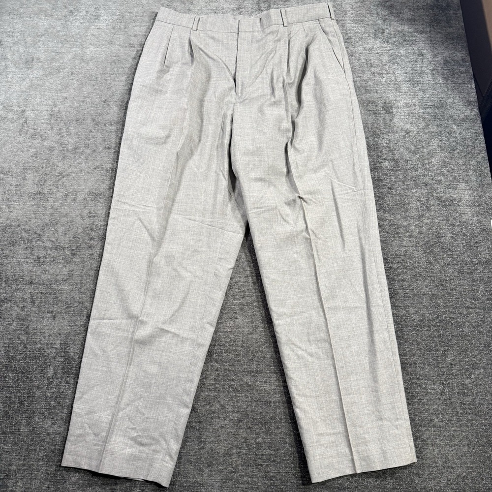 Lands End Dress Pants Mens 36x31 Gray Wool Stretch Pleated Trousers Straight Leg